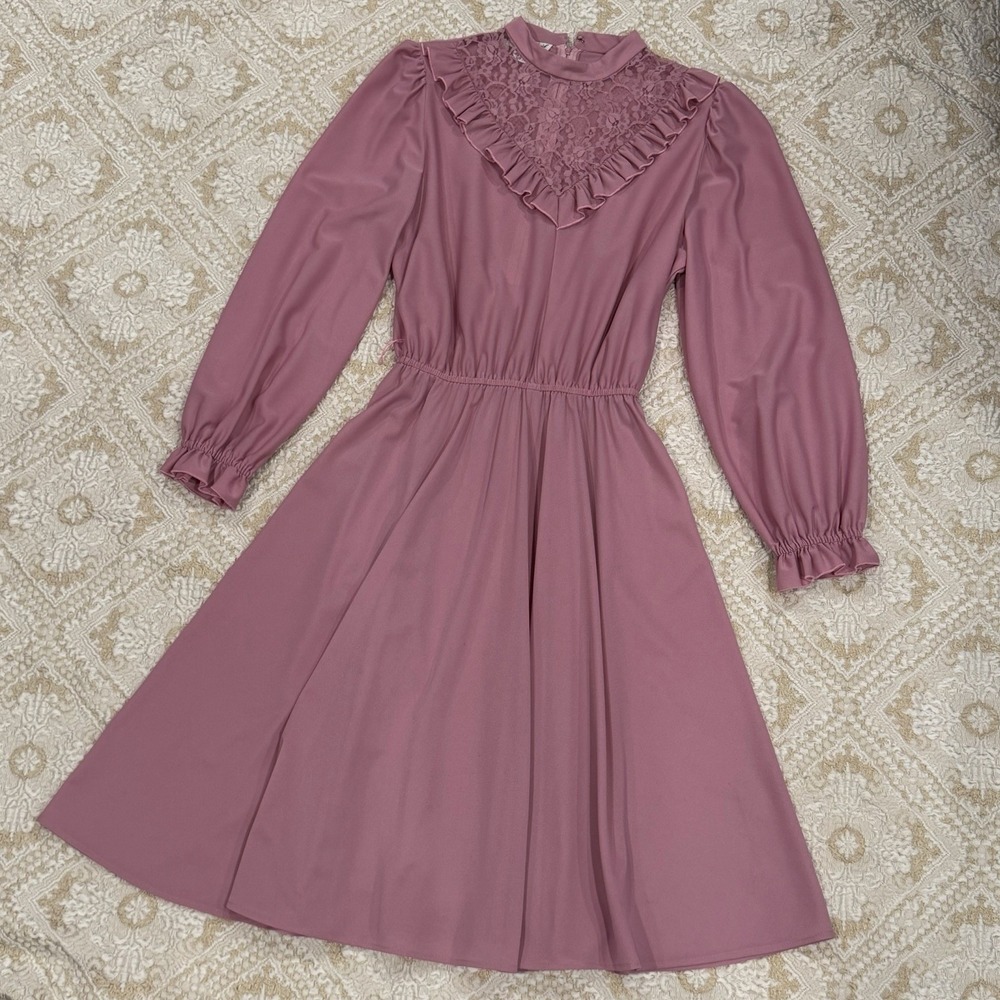 VTG 80s Boston‎ Maid Dress Modest Lace Victorian Mauve Pink 14 Coquette *Flaw*